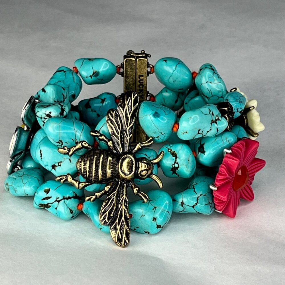 Lucky brand Turquoise Stone Chunky Bracelet With Bee & Flower Accents boho